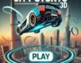 City Stunts 3D game featuring a high-speed sports car performing an extreme stunt in a futuristic city with ramps and loops. Play button included.