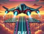 Futuristic flying car on a neon-lit stunt track with bold 'Fly Car Stunt 2' header and inviting 'Play' button, perfect for adrenaline-fueled gaming.