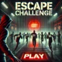 Intense Escape Challenge game scene in a dark arena featuring players in numbered tracksuits racing toward a glowing exit door while masked guards watch, highlighting high-stakes survival and adrenaline action.