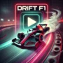 Drift F1 racing scene featuring a high-speed Formula 1 car drifting on a neon-lit track, with smoke trailing from the tires and a play button overlay