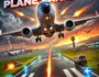 A dramatic scene from Crazy Plane Landing, featuring a commercial airplane making an emergency landing with sparks flying, set against a stormy sunset sky.