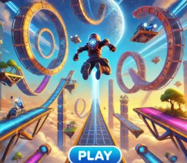 Exciting game cover for Obby: Royal Races in Flight, featuring a high-speed aerial obstacle course with floating platforms and a 'Play' button.