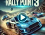 Rally Point 3 racing action with high-speed rally cars drifting on a dirt track, intense motion blur effects, and a bold play button for an immersive experience