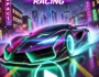 Futuristic racing car drifting in neon-lit city at night with 'Speed Drift Racing' game title and glowing play button.
