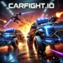 Intense CarFight.io action scene with armored cars battling in a futuristic arena, featuring neon lights and explosions.