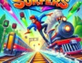 Exciting scene from the Train Surfers game, showing a character running along a railway track, dodging trains, and collecting power-ups in a vibrant, fast-paced environment.