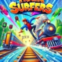 Exciting scene from the Train Surfers game, showing a character running along a railway track, dodging trains, and collecting power-ups in a vibrant, fast-paced environment.