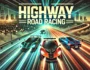 Highway road racing scene with fast sports cars speeding down a lit highway at night, showcasing a glowing city skyline.