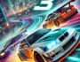 Intense drift racing scene from the game 'Drift 3', featuring high-speed cars on a neon-lit city track with motion blur for added excitement.