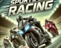 Exciting sports bike racing scene with high-performance motorcycles speeding on a racetrack. The bikes are sleek and aerodynamic, showcasing their speed and agility. The background features a vibrant racetrack with sharp turns and cheering crowds. 'Sports Bike Racing' title prominently displayed.