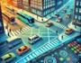 A busy city intersection with vehicles, pedestrians, and a futuristic control panel used by a traffic controller in an urban traffic simulation.