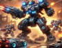 Battle robots engaged in combat in a post-apocalyptic wasteland, with futuristic weapons and advanced technology. The scene showcases large, armored robots fighting amidst explosions and debris. The game title 'Merge Battle Car' is prominently displayed, emphasizing intense robot battles and futuristic warfare.