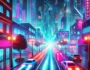 Neon Drift futuristic cityscape at night with vibrant neon lights, sleek cars, and glowing streets. A cyberpunk aesthetic featuring high-rise buildings and dynamic motion, perfect for gamers and racing game enthusiasts.