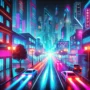 Neon Drift futuristic cityscape at night with vibrant neon lights, sleek cars, and glowing streets. A cyberpunk aesthetic featuring high-rise buildings and dynamic motion, perfect for gamers and racing game enthusiasts.