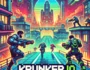 Krunker.io game visual featuring fast-paced action, pixelated first-person shooter gameplay in a vibrant, futuristic cityscape. Neon lights illuminate urban environments with players engaged in combat, equipped with pixelated guns and armor.