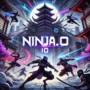 Ninja.io game visual showcasing high-action gameplay with ninjas in sleek outfits fighting in a dark urban environment, featuring neon lights, towering skyscrapers, and an ancient Japanese temple.