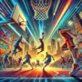 Exciting basketball gameplay from 'Swish Which', featuring fast-paced action on an urban court. Players make impressive shots and dribbles, surrounded by graffiti art and a vibrant city skyline. Perfect for basketball game visuals.