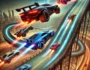 Mega Ramp Car Stunts game with high-speed cars performing extreme stunts on a massive elevated ramp. Cars launch into the air with dynamic motion trails, flipping and landing, set against a futuristic city skyline with neon lights.
