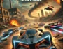 Race Survival game featuring futuristic cars racing through a dangerous post-apocalyptic track with fiery explosions and crumbling buildings. High-speed race action with intense obstacles and futuristic vehicles.