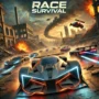 Race Survival game featuring futuristic cars racing through a dangerous post-apocalyptic track with fiery explosions and crumbling buildings. High-speed race action with intense obstacles and futuristic vehicles.