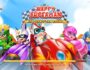High-speed superhero racing game scene featuring futuristic cars on a neon-lit track, inspired by action-packed kart racing games.