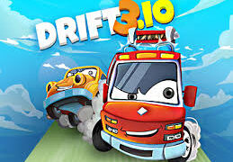 Drift 3.io game high-speed car racing on 3D track, featuring dynamic drifting with tire smoke, neon-colored tracks, and futuristic cityscape. Experience fast-paced action and vibrant neon lights.