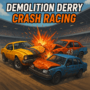 Intense Demolition Derby crash racing action with fiery car collisions. High-energy demolition derby race with crashing cars in a competitive racing arena.
