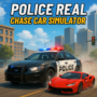 High-speed police car chase with a sleek red sports car through the city streets in Police Real: Chase Car Simulator. Action-packed racing game featuring a police car and fast sports car in a vibrant city setting.