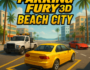 Parking Fury 3D Beach City game promotional image featuring a yellow sedan, tow truck, and red sports car in a sunny beachside setting with modern buildings and palm trees. Ideal for parking game lovers.
