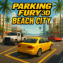 Parking Fury 3D Beach City game promotional image featuring a yellow sedan, tow truck, and red sports car in a sunny beachside setting with modern buildings and palm trees. Ideal for parking game lovers.