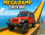 Super Jeep Mega Ramp Driving game featuring a powerful red Jeep on a vibrant ramp above a coastal city, showcasing intense action and thrilling gameplay.