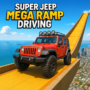 Super Jeep Mega Ramp Driving game featuring a powerful red Jeep on a vibrant ramp above a coastal city, showcasing intense action and thrilling gameplay.
