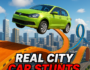 Exciting stunt with a lime green city car flying off an orange ramp against a modern city skyline in Real City Car Stunts, featuring high-speed car stunts and action-packed gameplay.