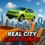 Exciting stunt with a lime green city car flying off an orange ramp against a modern city skyline in Real City Car Stunts, featuring high-speed car stunts and action-packed gameplay.