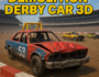3D-rendered scene from the 'Demolition Derby Car 3D' game featuring a damaged red and blue sedan racing on a dirt track, surrounded by wrecked vehicles. The image captures high-speed action and destruction, highlighting intense motion and vibrant colors.