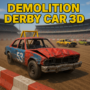 3D-rendered scene from the 'Demolition Derby Car 3D' game featuring a damaged red and blue sedan racing on a dirt track, surrounded by wrecked vehicles. The image captures high-speed action and destruction, highlighting intense motion and vibrant colors.