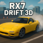 Yellow Mazda RX-7 drifting on a curved track with smoke from rear tires, surrounded by urban landscape in RX7 Drift 3D racing game.