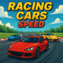 Racing Cars Speed - Dynamic 2D illustration of fast racing cars in a vibrant arcade racing environment with motion trails and a bold yellow and red title.