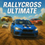 RallyCross Ultimate game action scene showcasing rally cars speeding through a dirt track with vibrant colors and dynamic movement. The off-road racing experience captured in the digital artwork, perfect for racing game fans.