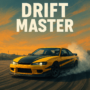 Drift Master racing game featuring a yellow-and-black drift car drifting on an asphalt track at sunset. Modified sports car with black stripes and smoke from rear tires, creating a thrilling visual in this action-packed driving game.