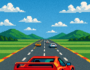 Classic 1990 Racing game scene featuring a red sports car, pixel art style, retro racing environment with colorful cars, multi-lane road, and vibrant hills. Nostalgic 90s racing game aesthetic.