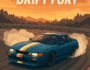 Blue drift car powersliding on a sunset track in Drift Fury racing game