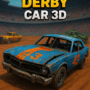 Intense action scene from Demolition Derby Car 3D showcasing a blue and orange number 43 car battling in a chaotic demolition derby. The scene includes wrecked cars, a dusty dirt track, and a cheering crowd in a packed stadium.