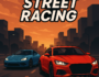 Street Racing game featuring two sports cars speeding through an urban cityscape at sunset, showcasing intense high-speed action and competitive racing.