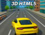 A high-speed yellow sports car races through the highway in Turbo Racing 3D HTML5, showcasing fast-paced action and stunning 3D graphics.