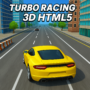 A high-speed yellow sports car races through the highway in Turbo Racing 3D HTML5, showcasing fast-paced action and stunning 3D graphics.