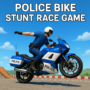 Police Bike Stunt Race Game – A police officer performing a high-speed motorcycle stunt on a vibrant race track, showcasing extreme bike racing action.