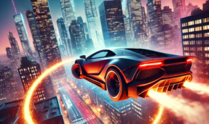 High-speed stunt car racing in New York City, featuring a sports car soaring through a fiery ring over skyscrapers. Action-packed gameplay with neon lights and motion blur effects. 'City Stunts 2 – New York' bold title displayed.