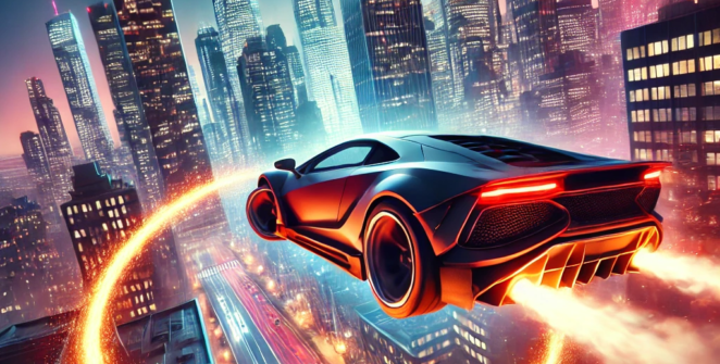 High-speed stunt car racing in New York City, featuring a sports car soaring through a fiery ring over skyscrapers. Action-packed gameplay with neon lights and motion blur effects. 'City Stunts 2 – New York' bold title displayed.