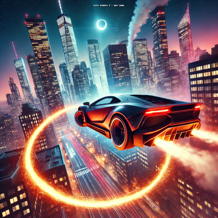 High-speed stunt car racing in New York City, featuring a sports car soaring through a fiery ring over skyscrapers. Action-packed gameplay with neon lights and motion blur effects. 'City Stunts 2 – New York' bold title displayed.